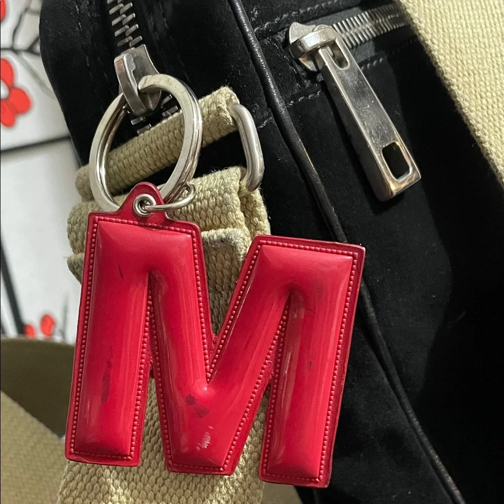 Marc Jacobs Suede Vintage Black Crossbody with Cream Strap and Red M Charm